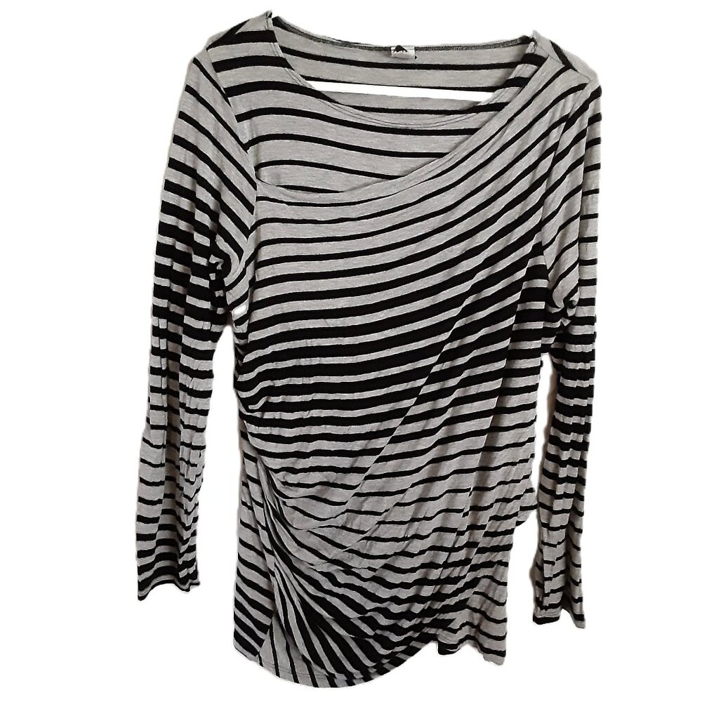 One Fashion USA Blouse Size SMALL Pullover Black-Gray Stiped Long Sleeve